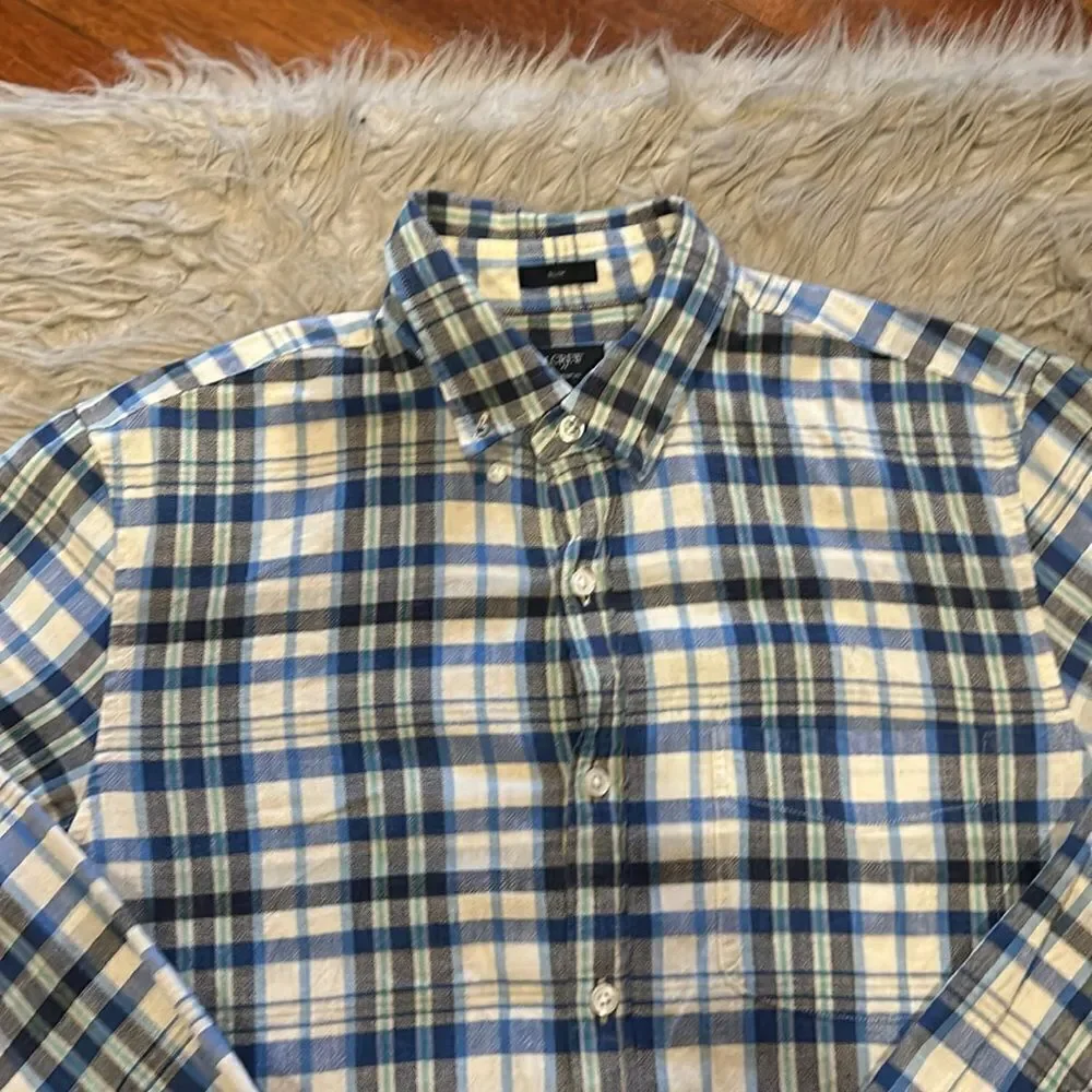 Jcrew men’s white, blue and teal plaid‎ long sleeve cotton button down